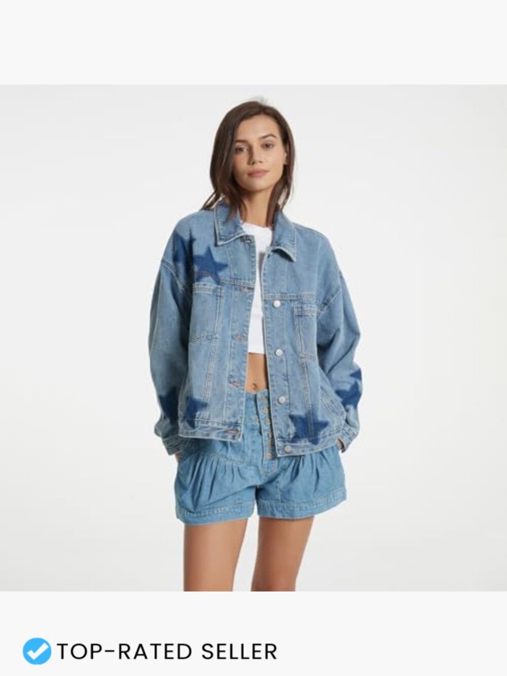 Oversized Denim Jacket Vintage Boyfriend Style Leopard Stars Printed with - Picture 3 of 7